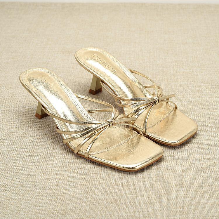 2025 square head open-toed three-color thin strap bow holiday sandals summer wear temperament socialite cool slippers women