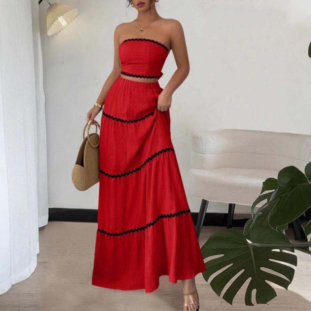 Summer Vacation 2-Piece Set, Elegant Strapless Lace Patchwork Maxi Dress for Women, European & American Style Casual Vacation Outfit