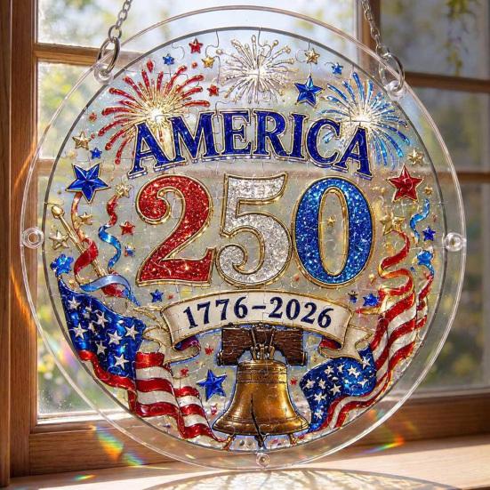Acrylic Jigsaw Puzzle Suncatcher, US 250th Anniversary DIY Sun Catcher Kit, Stained Glass Style Patriotic Window Hanging Ornament for Independence Day
