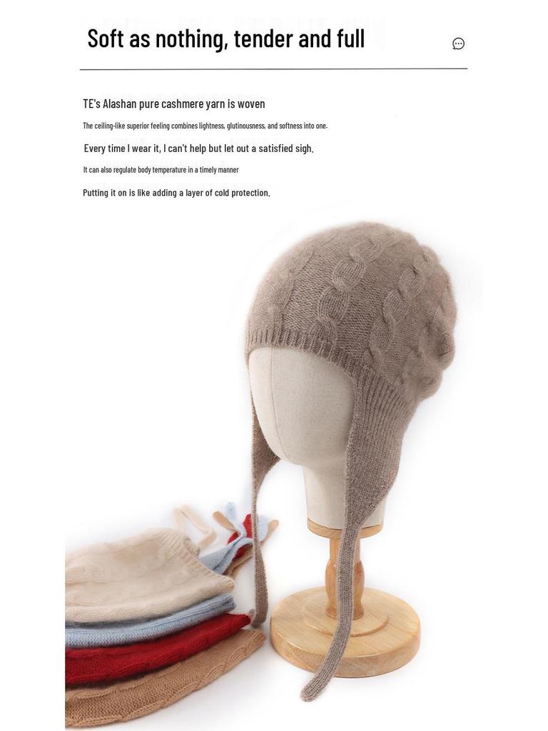 Women's Knitted Cashmere Hat with Ear Protection - Cute, Warm, Thick Winter Head Wrap