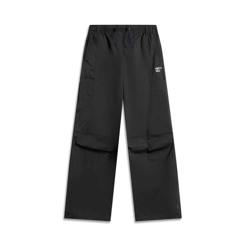 Li Ning Sports Lifestyle Series Solid Color Mid Waist Drawstring Breathable Versatile Loose Casual Pants Women pants Black AKXV188-2