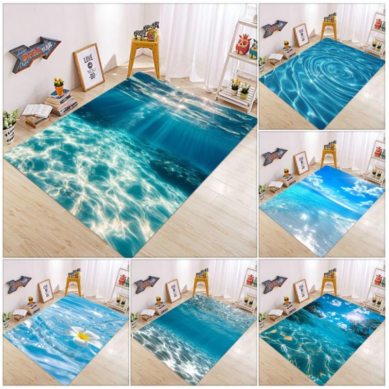 Ocean Water Wave Carpet Mat Rug 3D Effect Blue Sunlight Beach Non-Slip Durable Home Decoration Living Room Kids Room Floor Mat