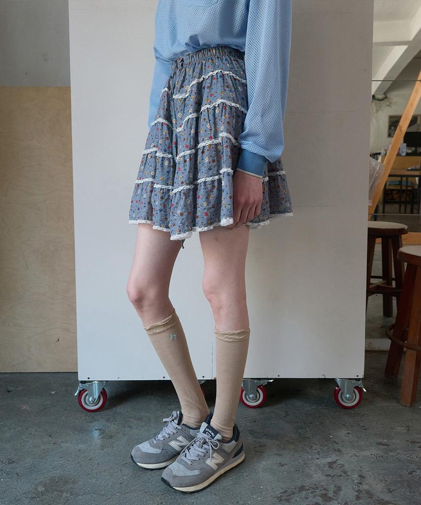 Nokeontencheu 374. Floral Short Skirt _ Dusty Blue
