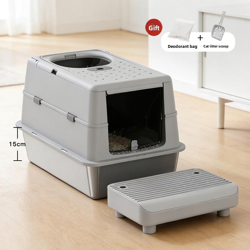 Stainless Steel Closed Cat Litter Box, Fully Closed Flip, Oversized, Heightened and Thickened Anti-splash Top-entry Cat Toilet