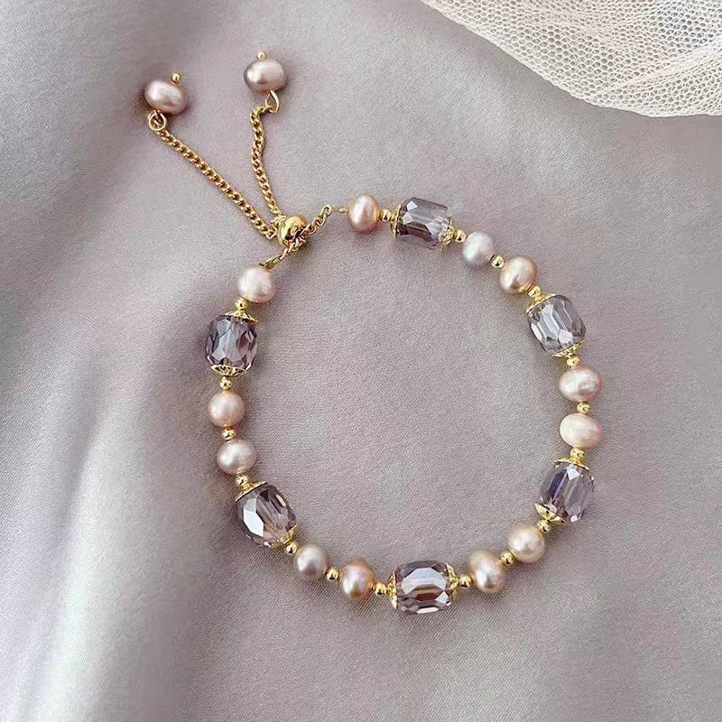 French Retro Purple Crystal Pearl Bracelet - Elegant, Niche Design for Women