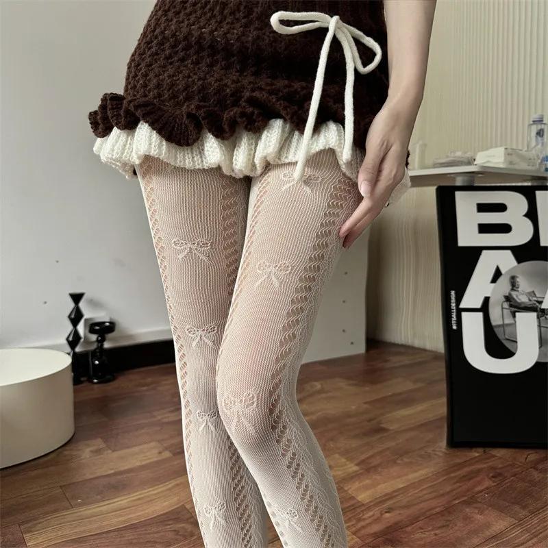 Damen Sexy Hohe Elastizität Ausgeschnitten Fischgrätstrumpfhose Lolita Süß Schleife Weißes Netz Strumpfhose Japanische Jk Unterziehsocken Neu One Size