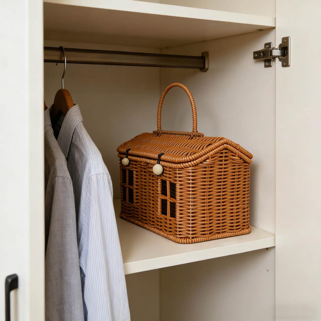 This Plastic Rattan House-shaped Basket, With A Lid And Folding Handle, Is Perfect For Picnics, Easter, Tidying Up, And Other Occasions.