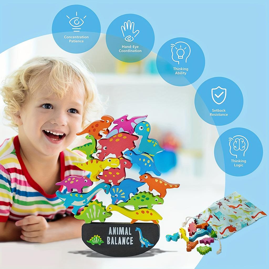 Happy Stacking Dinosaurs,Wooden Stacking Toy For Toddlers, Colorful Dinosaur Balancing Activity Toy, Improves Fine Motor Skills And Dexterity