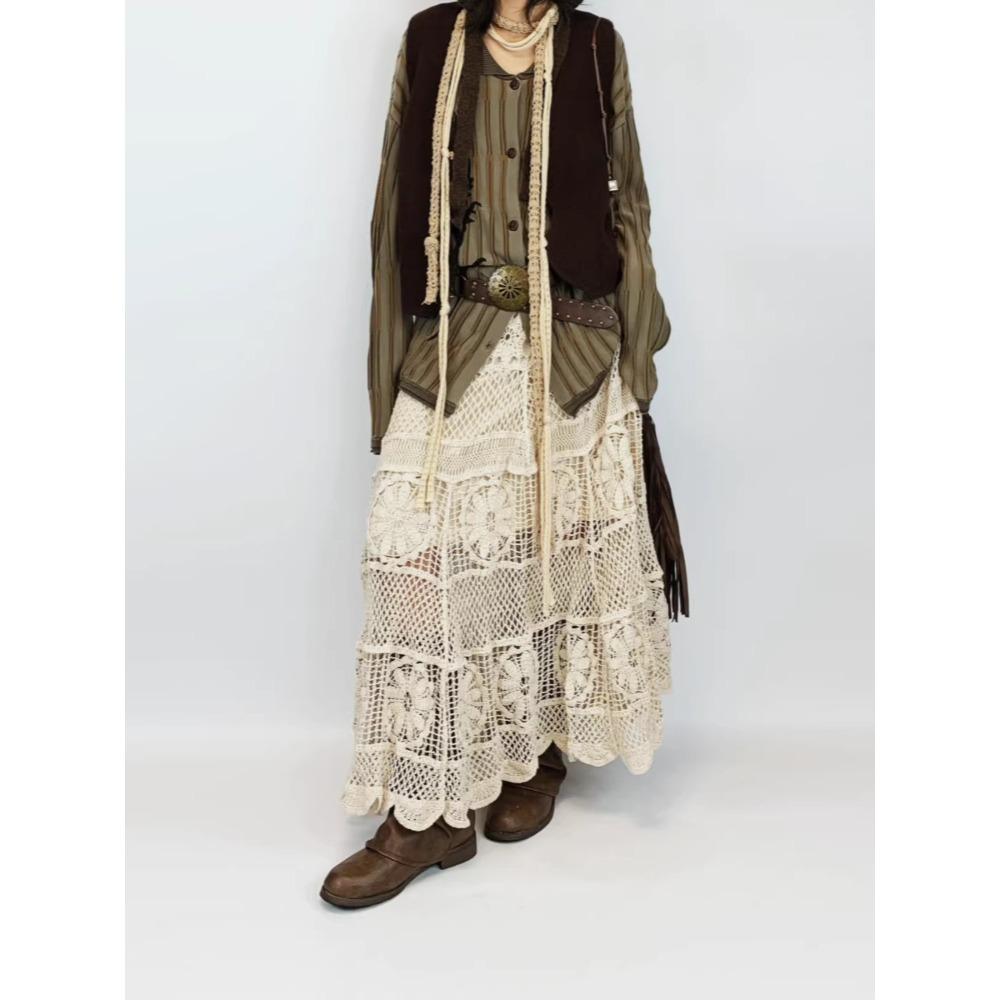 DIMANAF 2026 Neuer Rock Damen Strick Spitze Lang Spitze Durchbrochen Sexy Durchbrochen Sommer Stil Locker Basic