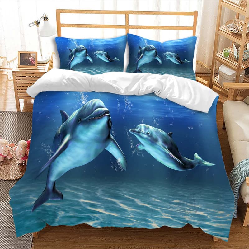 Comforter Dolphin Cute Jumping Dolphins Bedding Set Microfiber Marine Animals Comforter With 2 Pillow Sham Twin King