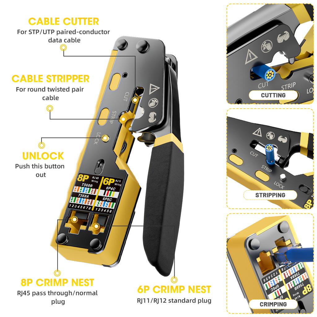 RJ45 Crimp Tool Pass Through Ethernet Crimping Tool for Cat6 Cat5 Cat5e RJ45 Connectors