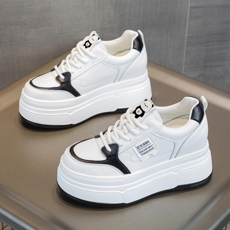 Genuine Leather Shoes Women Fashion Sneakers Flat Platform Brand Ladies Casual Shoes Height Increasing 7cm Black White