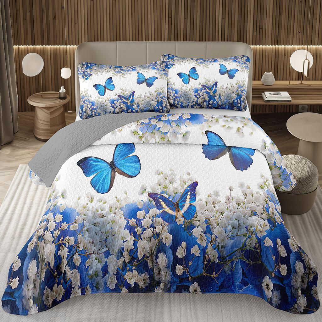 Butterfly Bedspread Twin/Queen/King Watercolor Botanical Floral Coverlet Fantasy Style Bedding Set Reversible Quilted Bedspreads
