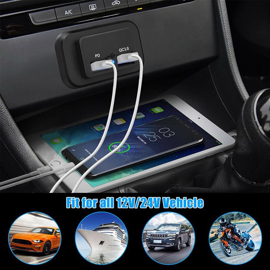 12V PD QC3.0 USB Dual Car Fast Charger Adapter Socket Power Outlet Universal LED