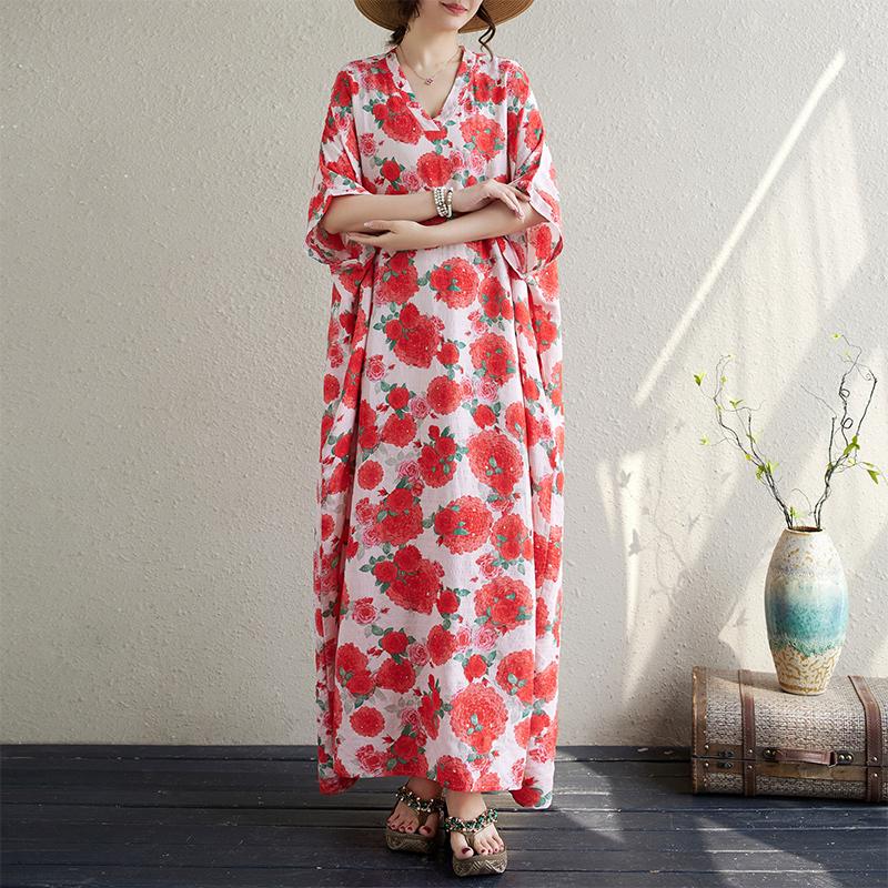 

DIMANAF 2024 Летнее женское пляжное платье больших размеров с цветочным принтом, свободные стильные винтажные длинные богемные платья One Size красный