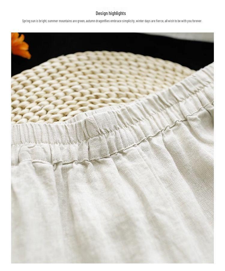 Tide Women's Spring Elastic Waist Cotton Linen Straight Leg Pants with Retro Embroidery