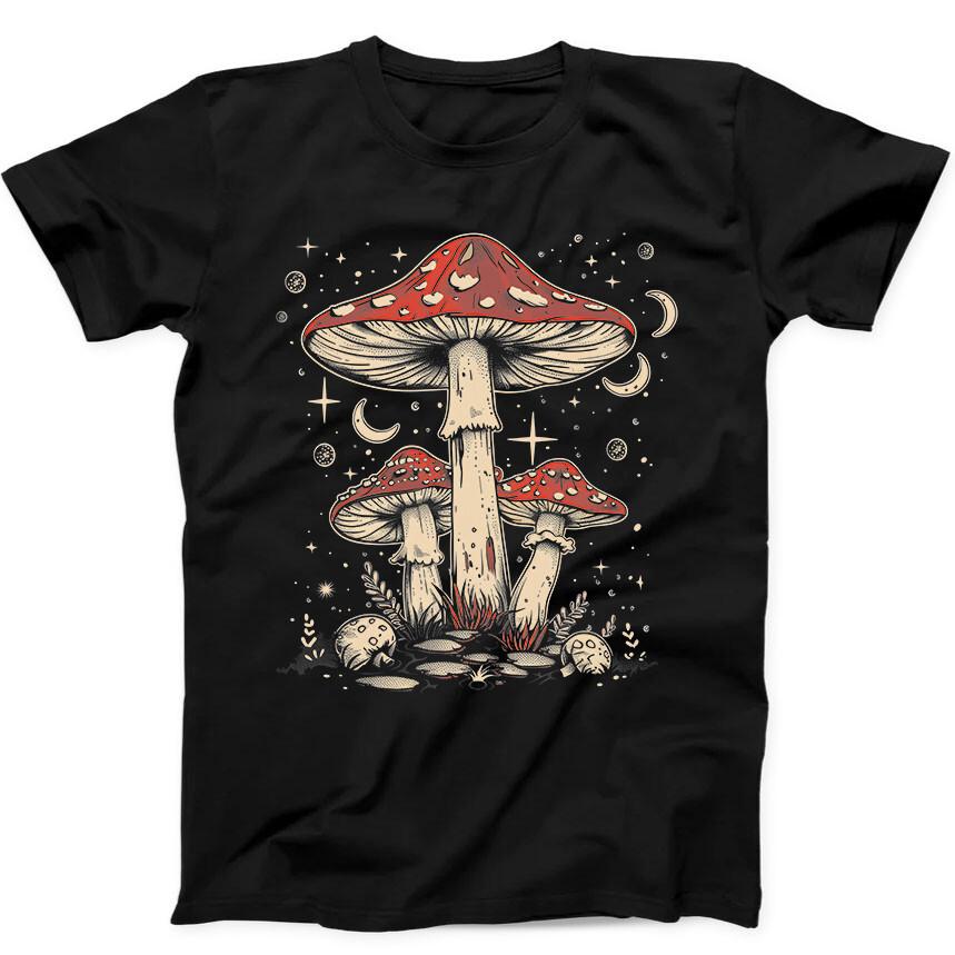 Magic Mushrooms Boho Retro Hippie Nature Night Moon Funny Gift Black T Shirt 236