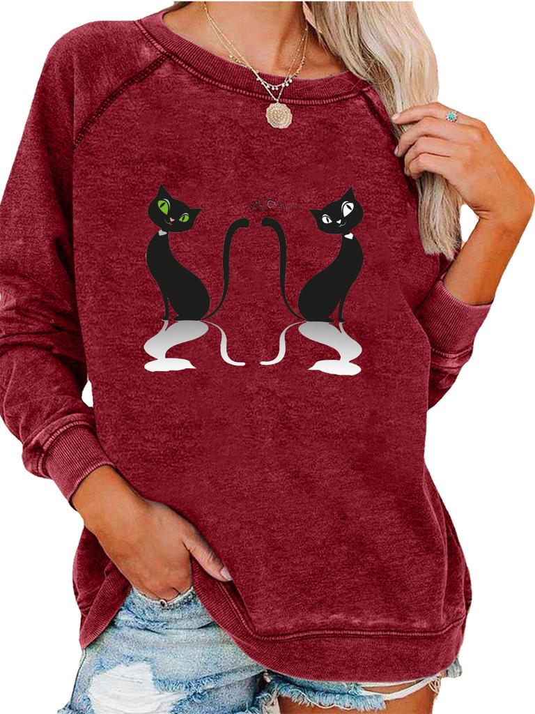 Ladies Spring/Fall Sweatshirt Women's Fashion Cat Print Top Oversized Pullover Sweatshirt