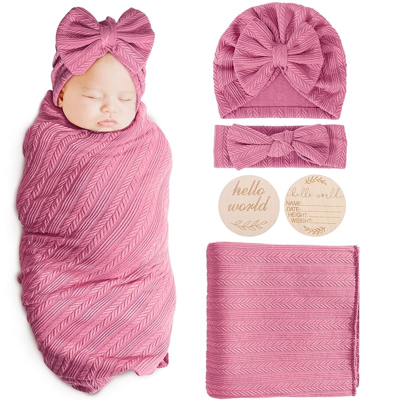 Newborn Receiving Blanket with Bow Hat Mittens Wooden Card Set Wheat-Pattern Newborns Toddler Baby Boy Girl Nursery Swaddle Wrap