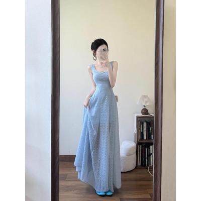 Women's Blue Lace French-Style Summer Resort Dress with Waist-Cinching Straps