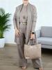 Ensemble trois pièces unicolore pour femme Printemps/Automne 2026: Haut à col rond, Manches courtes, Pantalon long, Manteau de longueur moyenne