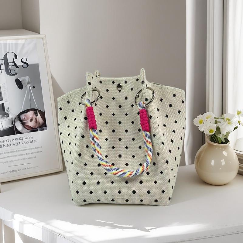 Knitted Tote with Woven Ring Buckle, 3D Magnetic Snap Handbag & Clutch