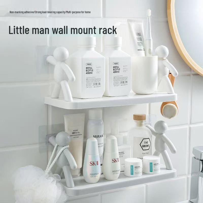 Minimalist Little Man Wall-Mounted Storage Rack - Adhesive, No Drilling Required for Bathroom & Kitchen