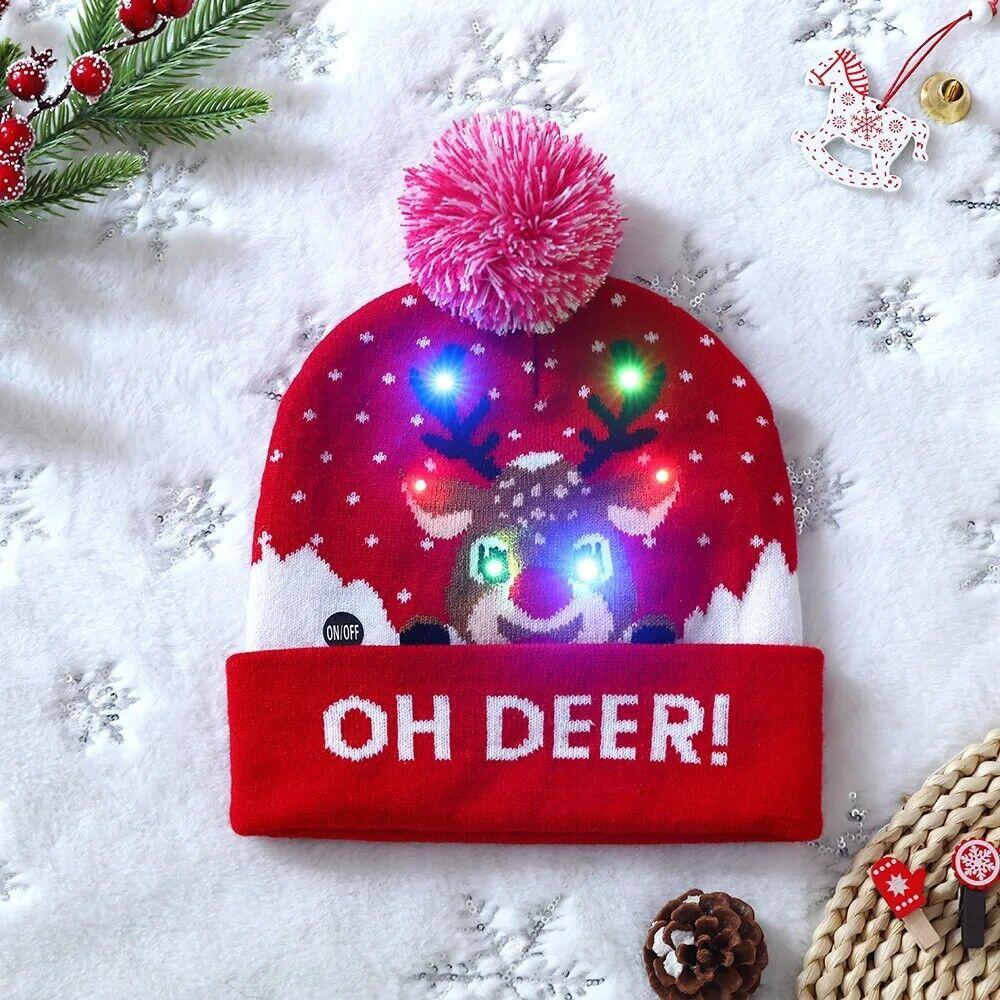 Christmas Themed Light Up Beanie with LED Lights Xmas Gift for Kids Adult