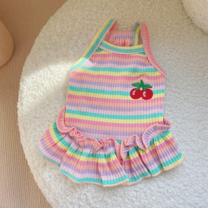 Puppy Summer Clothes Pet Outfit Lace Striped Dog Dress Cat Vest Chihuahua Bichon Yorkie Suspenders Skirt Cute Female Dog Tshirt