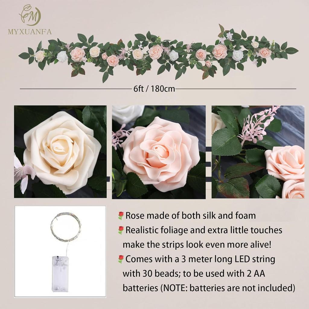 6 Ft Flower Garland with Lights, Artificial Eucalyptus Garland with Rose Flowers, MYXUANFA Flower Vine for Wedding Arch Table Centerpiece Room Decor