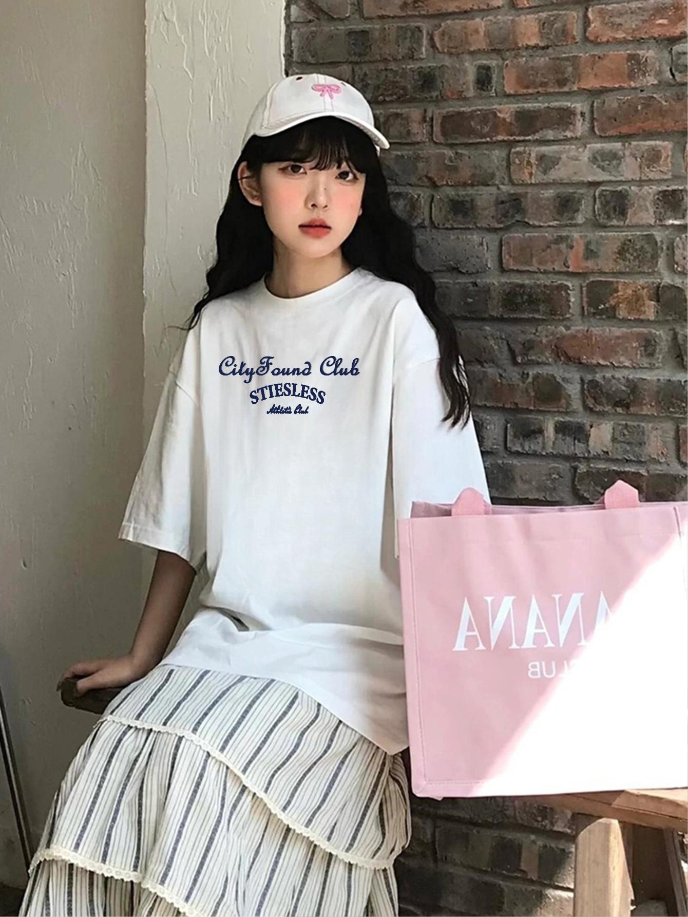 Graphic Print Crew Neck T-Shirt, Spring Summer Casual Half-Sleeved T-Shirt, White Summer Letter Cartoon Print Crew Neck Loose Casual Fashion Short Sle S разноцветный