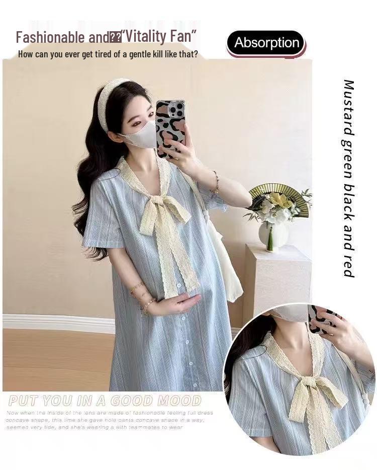 2026 Summer Korean-Style Maternity Dress: Single-Breasted, Lace Patchwork, Bowknot Design, Faux Two-Piece