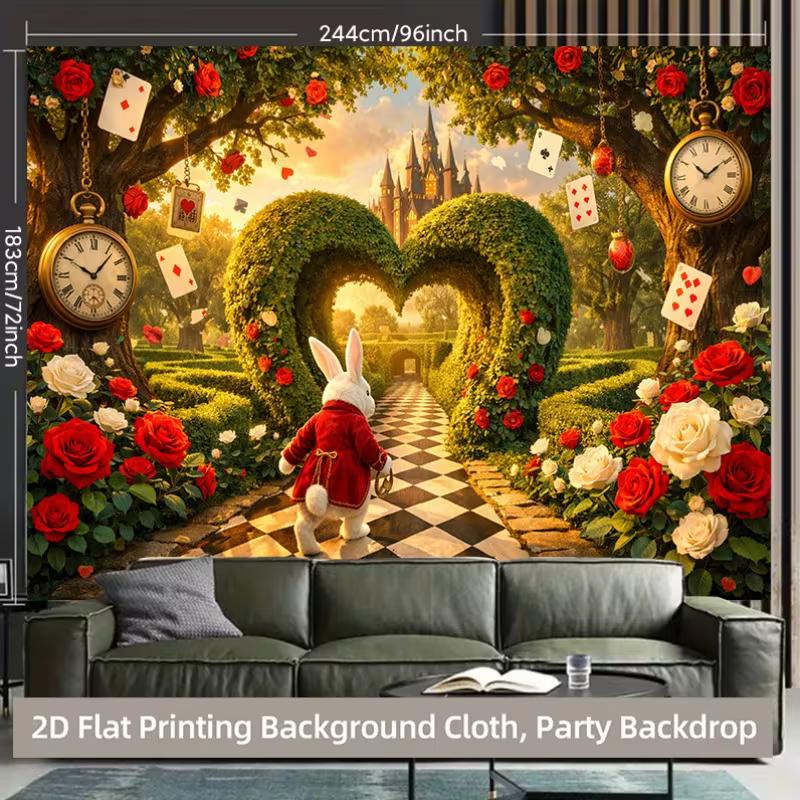 Sfondo 2D Fantasioso Paese delle Meraviglie Coniglio con Castello, Carte & Rose Rosse per Studio & Decorazioni per la Casa