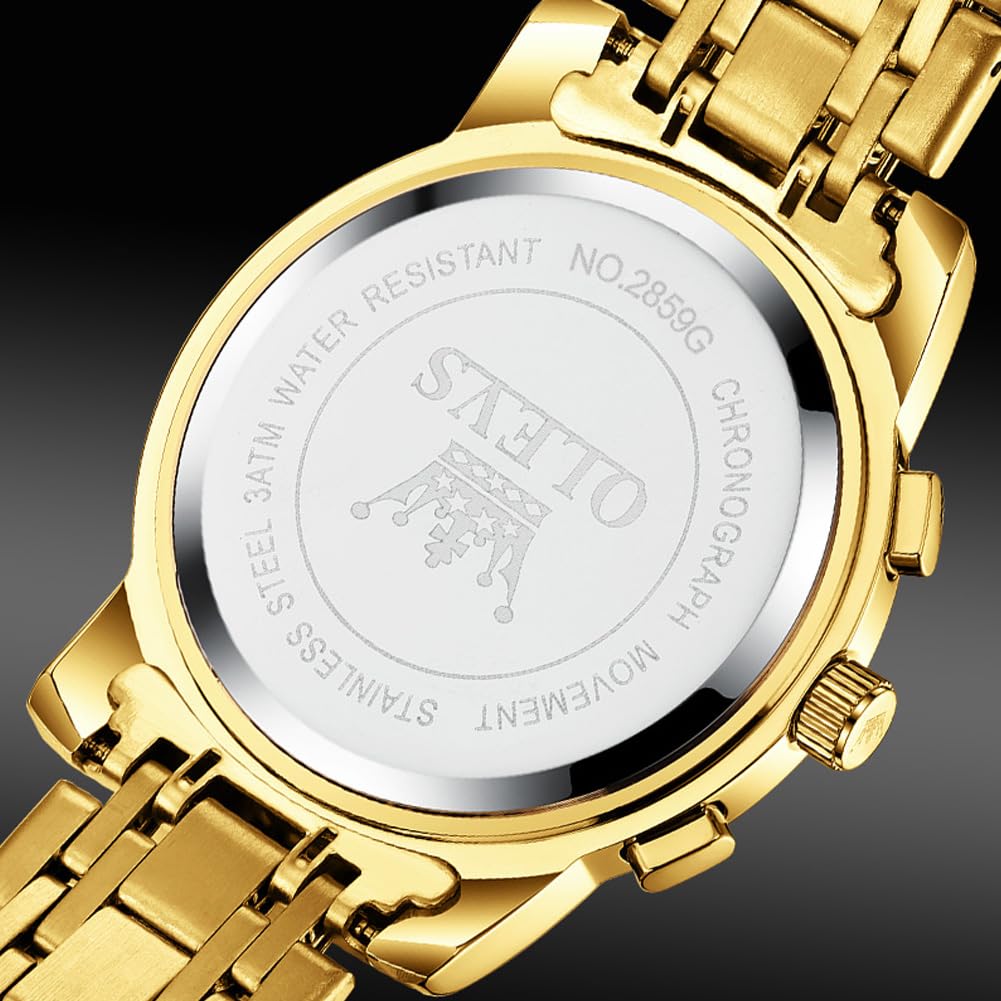 OLEVS Men's Stylish Chronograph Watch, Popular Brand for Business, Large, Easy-to-Read Analog, Waterproof Quartz Wristwatch (Gold)