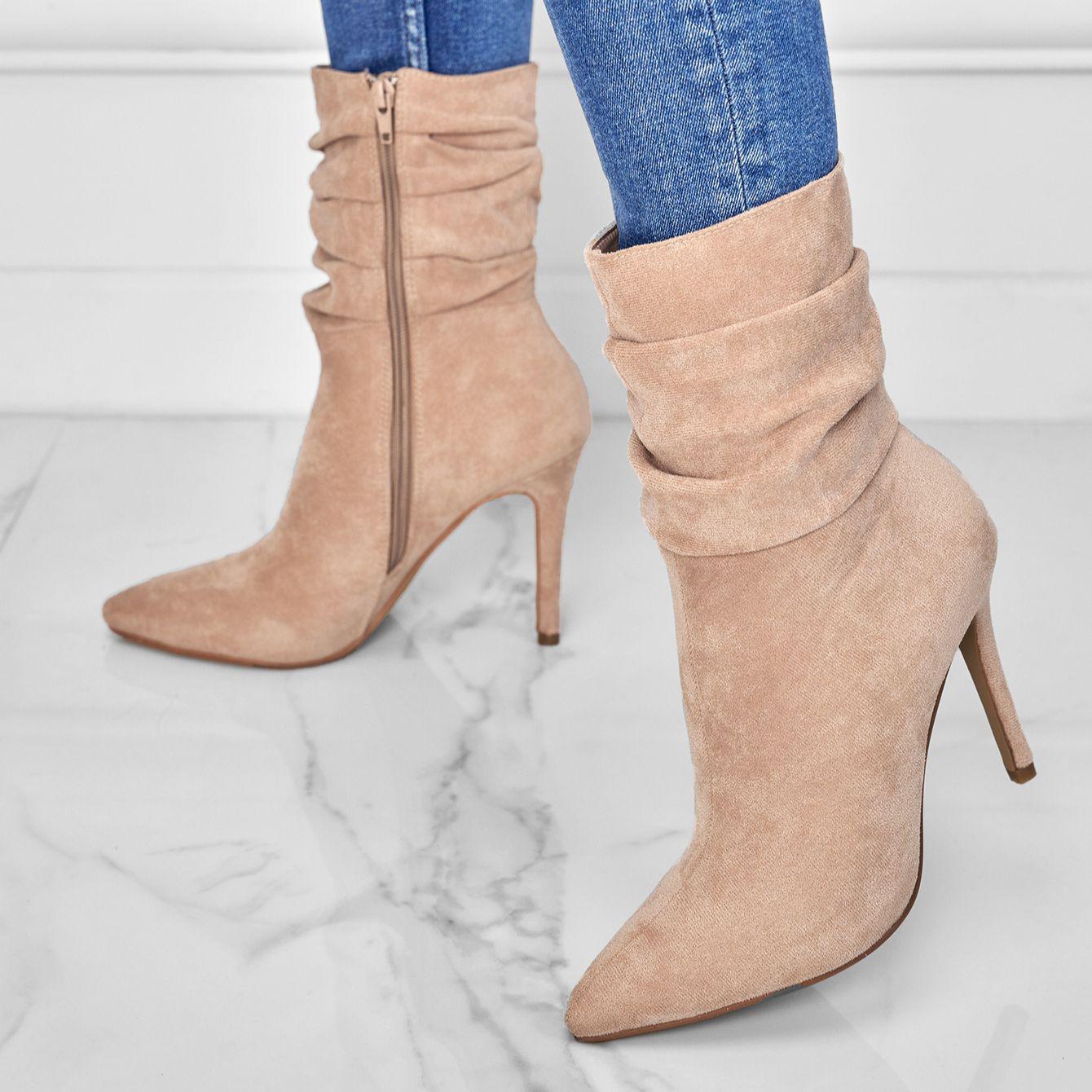 

Осінньо-зимові жіночі модні черевики середньої довжини із загостреною боковою блискавкою з імітацією оленячої шкіри на тонкому каблуці 4 абрикосовий