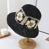 Straw Hat Bohemian Floral Pattern Foldable Beach Hat Wide Brim Hollow Design Bucket Hat Breathable Summer Accessory