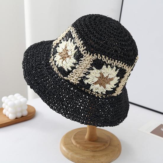 Straw Hat Bohemian Floral Pattern Foldable Beach Hat Wide Brim Hollow Design Bucket Hat Breathable Summer Accessory