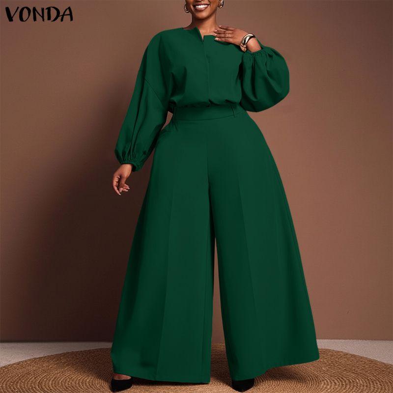 VONDA Elegant Women Outfits Puff Sleeve Blouse and Zip-up Trousers Casual Two Piece  Sets