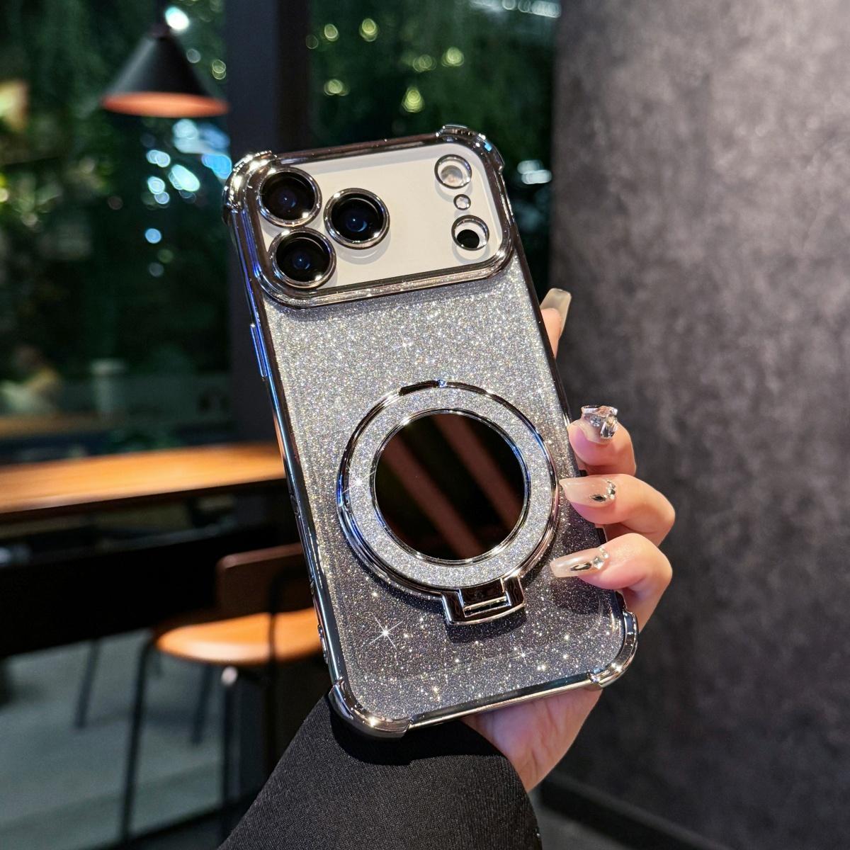 

Gradient Glitter Plating Makeup Mirror Kickstand Case For iPhone 17 Air 16E 15 14 Plus 13 12 11 Pro Max Anti-Fall Non-Slip Cover iPhone17