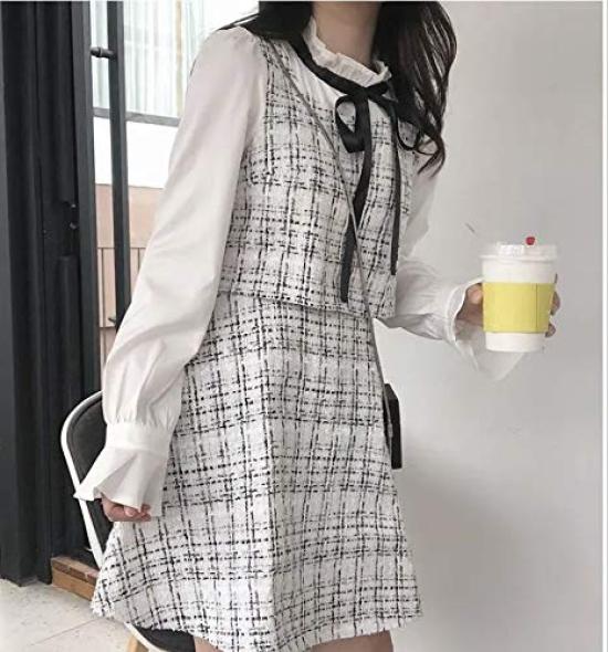 Check Tweed Ribbon Mini Dress Size [Nshop] (White, S)
