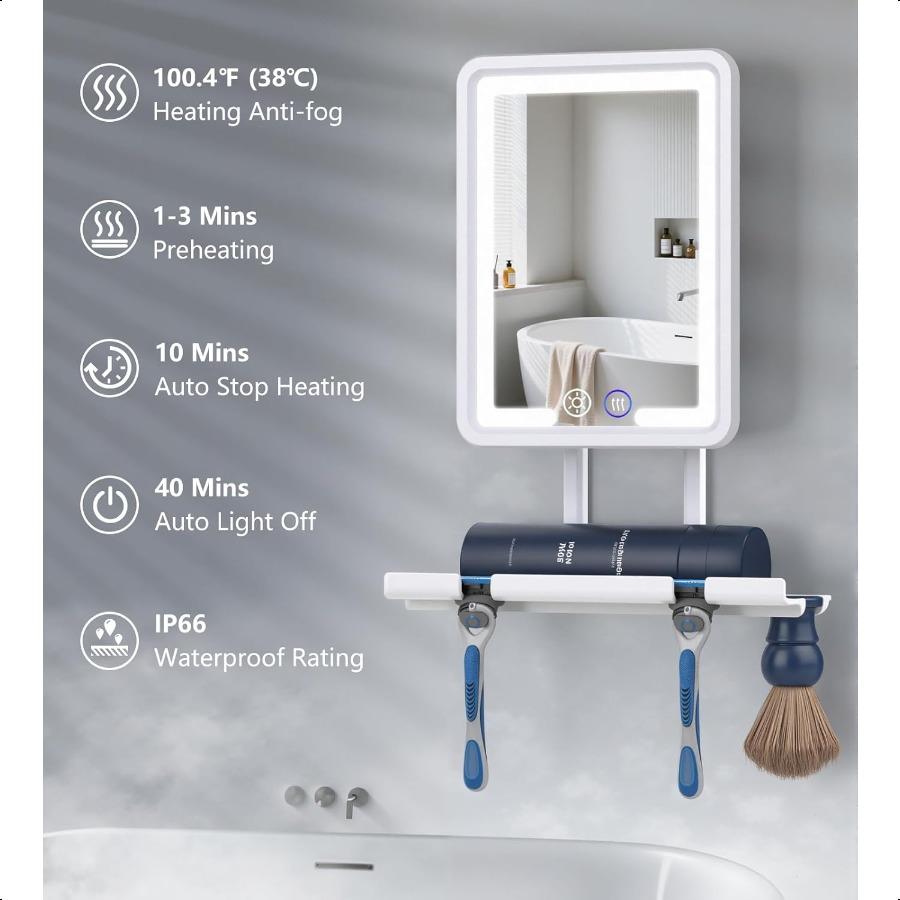 Heated Shower Mirror Fogl for Shaving 360 Adjustable Lighted Shower Mirror with 3 Color Modes Rechargeable Anti Fog Shaving Mir