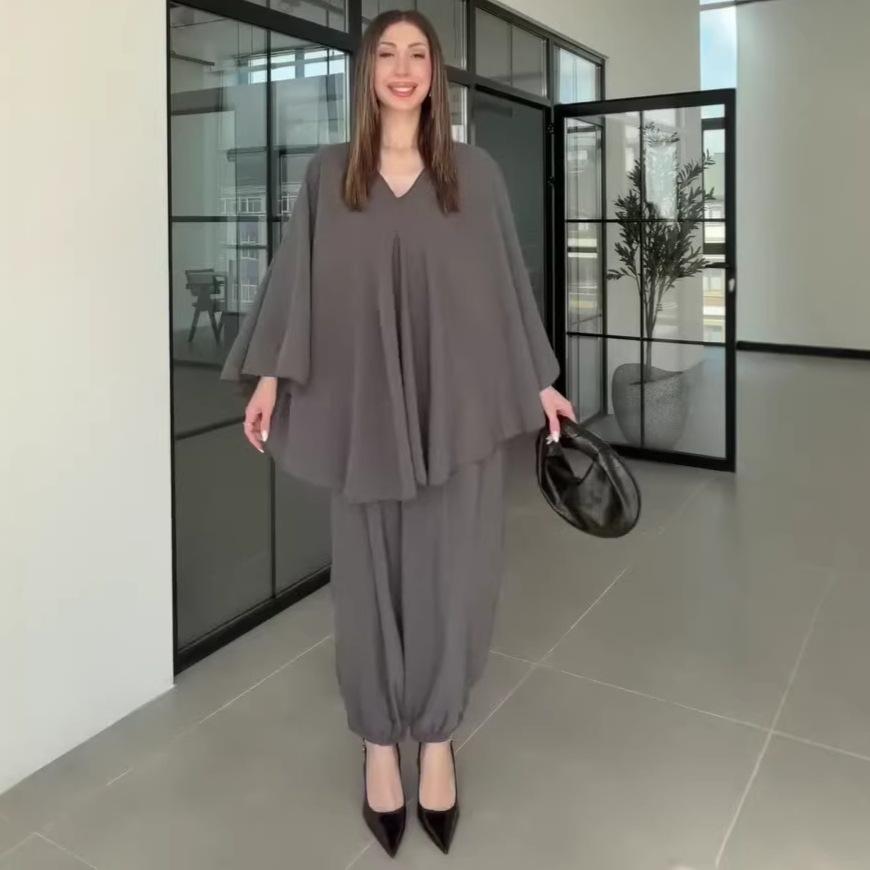 Nuovo Abbigliamento da Donna Europeo e Americano per Primavera e Autunno Transfrontaliero Scollo a V Manica Lunga Ampio Taglia Grande Top Pantaloni a Gamba Larga Set Due Pezzi