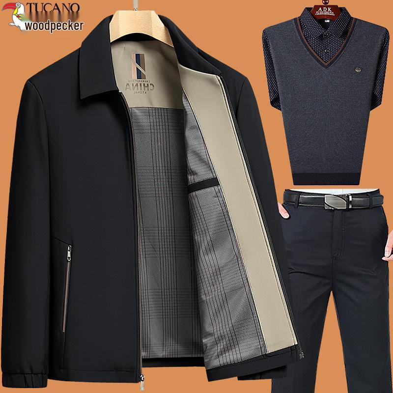 Woodpecker 2025 Dad Outerwear Set: Men's Spring and Autumn Jacket for Middle-Aged and Elderly