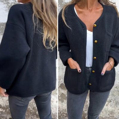 Yousheng Winter Women Jacket Round Neck Single-breasted Cardigan Long Sleeves Outerwear with Pockets Warm Heat Retention OL Commuting Coat