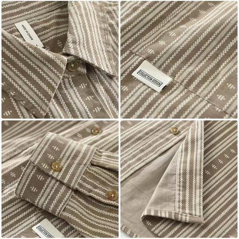 Polar Hemp Japanese-Style Retro Mixed Color Stripe Long Sleeve Cotton Linen Shirt Men's Casual Breathable plus Size Loose Linen Shirt