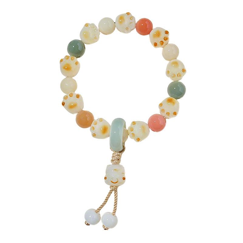 White Jade Bodhi Hand String Charcoal-Burned Little Cat Paw Single Circle Handheld Buddhist Beads Bracelet for Men and Women