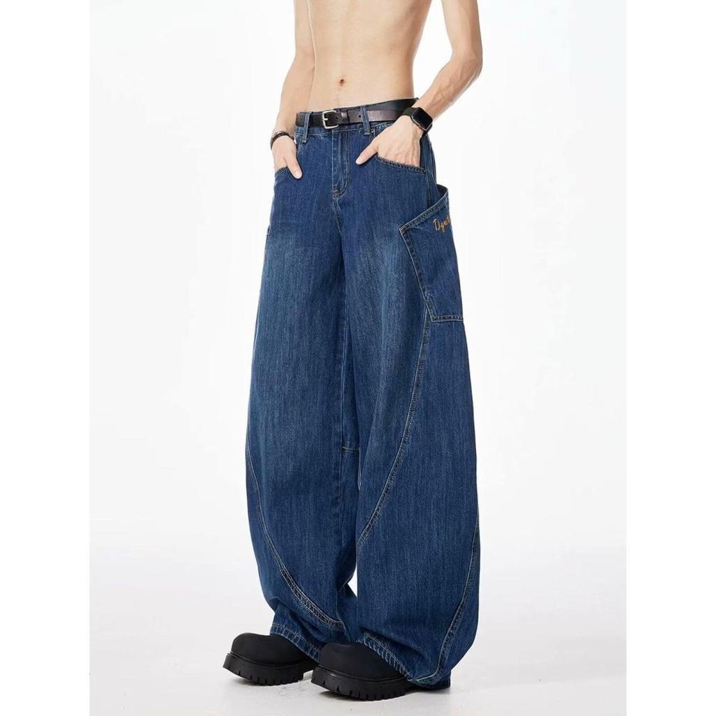 American Retro Street Style Wide Legged Dropped Crotch Distressed Curved Blade Design Jeans Loose Fit Trousers Casual Fashionable Pants