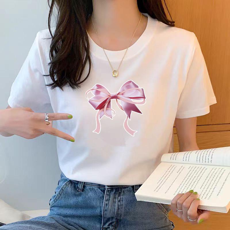 

Минималистичная футболка с короткими рукавами и бантом с принтом, женская летняя базовая хлопковая футболка со свободным дном XL