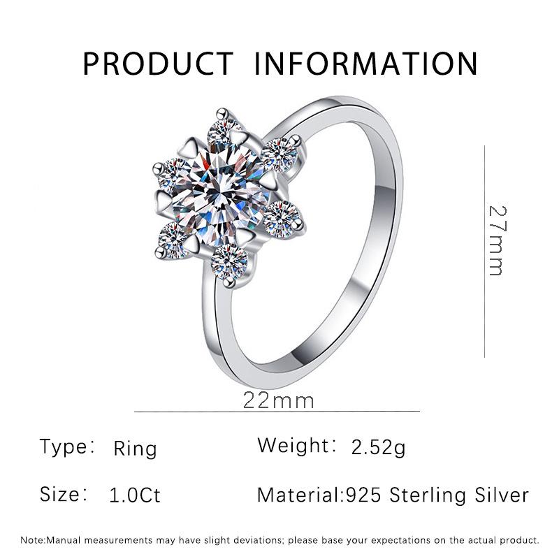 S925 Sterling Silver Six-Prong Heart Snowflake Moissanite Fashion Ring Size 9