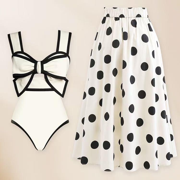 Südostasiatischer Retro-Jumpsuit mit Schleife: Bauchbedeckender, Schlankmachender Badeanzug mit Rock-Stil für den Strand.